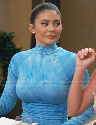 Kylie's blue tie dye bodycon dress on Keeping Up with the Kardashians