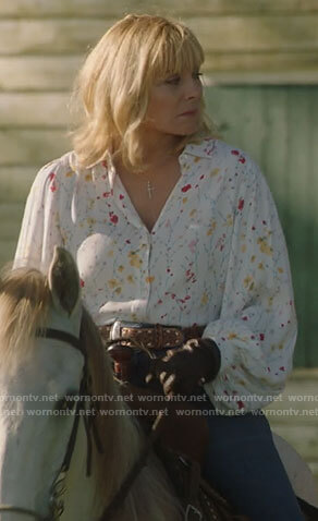 Margaret's white floral blouse on Filthy Rich