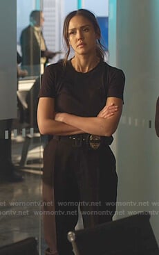 Nancy's black tee and belted pants on LA's Finest
