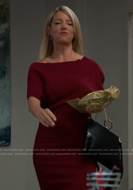 Nina's burgundy off shoulder dress on General Hospital
