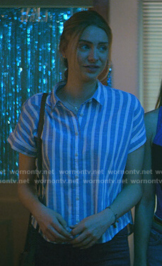 Sterling's blue striped short sleeve shirt on Teenage Bounty Hunters