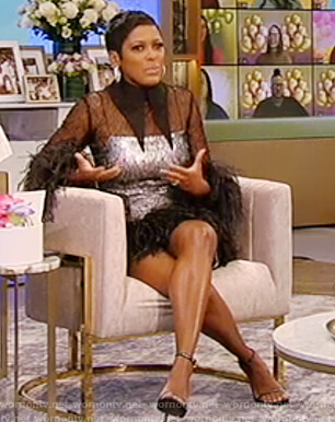 Tamron's black feather trim mini dress on Tamron Hall Show