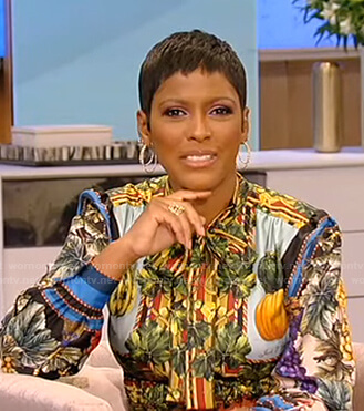 Tamron's mixed print tie neck shirtdress on Tamron Hall Show