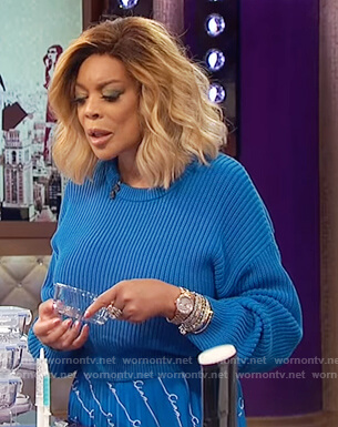 Wendy's blue cropped sweater and skirt on The Wendy Williams Show