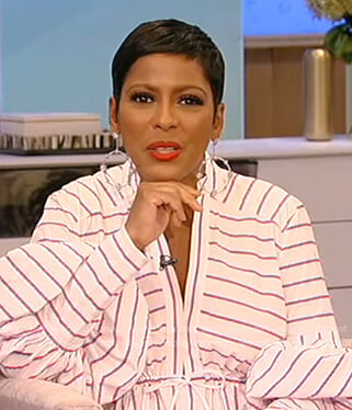 Tamron's white stripe balloon sleeve dress on Tamron Hall Show