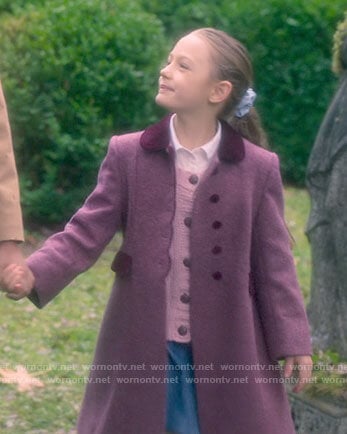 Flora's purple scalloped trim coat on The Haunting of Bly Manor