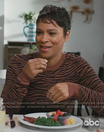 Angela's brown zebra stripe sweater dress on American Housewife