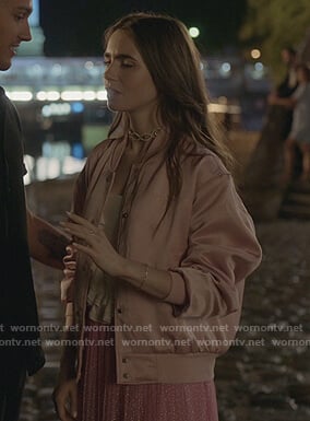 Emily's pink satin bomber jacket on Emily in Paris