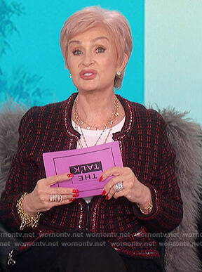 Sharon's red chain trim tweed jacket on The Talk