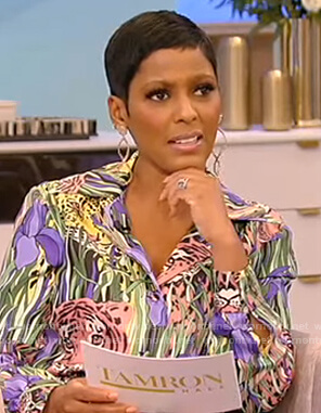 Tamron's tiger print blouse and pants on Tamron Hall Show