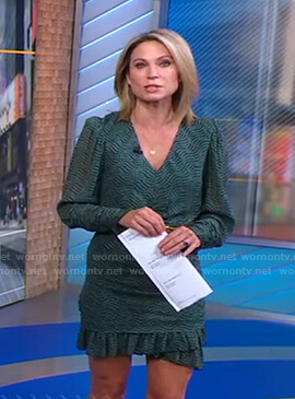 Amy's green printed mini dress and suede belt on Good Morning America