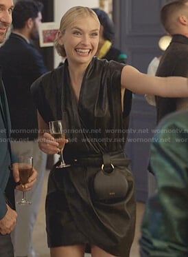 Camille's black leather wrap dress on Emily in Paris