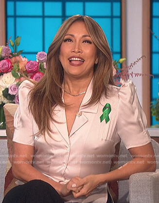 Carrie's pink satin puff sleeve top on The Talk