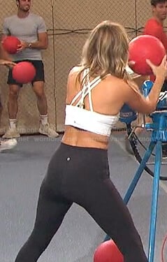 Clare's white cross back sports bra and black leggings on The Bachelorette