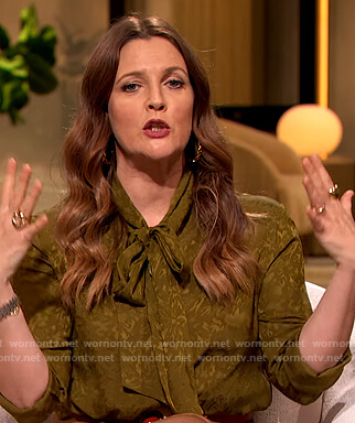 Drew's green silk tie neck blouse on The Drew Barrymore Show