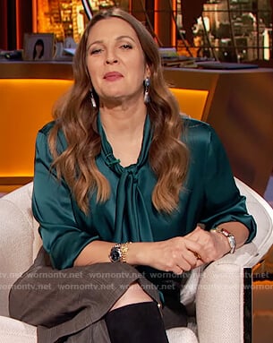 Drew's teal satin tie blouse and pants on The Drew Barrymore Show