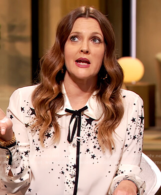 Drew's white star print blouse on The Drew Barrymore Show