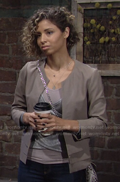 Elena's metallic crossover top and grey jacket on The Young and the Restless