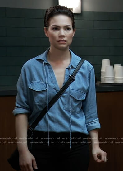 Elizabeth's chambray tie neck shirt on General Hospital