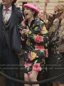 Emily's black floral dress and puffer jacket on Emily in Paris