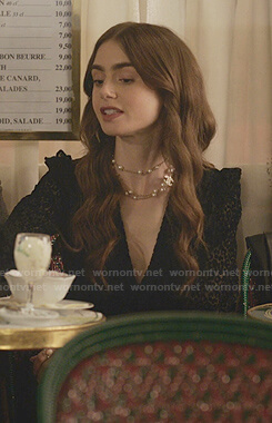 Emily's black leopard dress on Emily in Paris