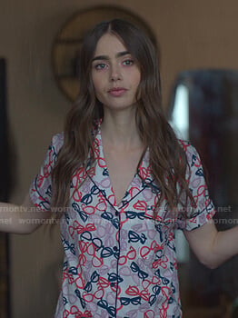 Emily's eyeglasses print short pajamas on Emily in Paris