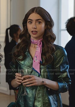 Emily's green metallic moto jacket on Emily in Paris