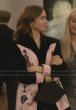 Emily's pink and black embroidered satin blazer on Emily in Paris