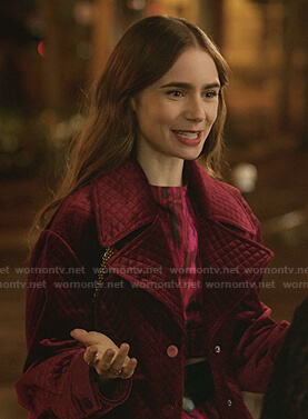 Emily's red quilted velour jacket on Emily in Paris