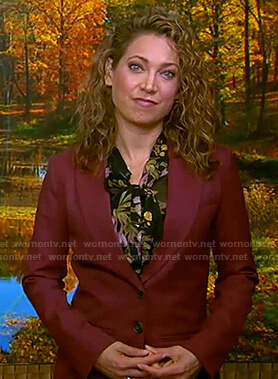 Ginger's burgundy suit and floral tie neck blouse on Good Morning America