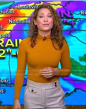 Ginger's orange ribbed turtleneck sweater and check pants on Good Morning America
