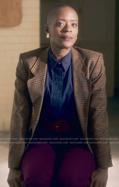 Rebecca's navy silk blouse and brown plaid blazer on The Haunting of Bly Manor