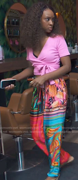 Karen's scarf print pants and pink wrap top on Tyler Perrys Sistas