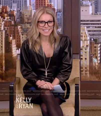 Kelly's black leather wrap dress on Live with Kelly and Ryan