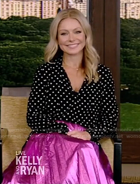 Kelly's black polka dot blouse and metallic pleated skirt on Live with Kelly and Ryan