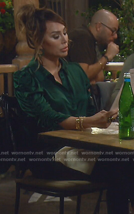 Kelly's green satin ruched blouse on The Real Housewives of Orange County