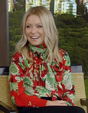 Kelly's red and green floral tie neck blouse on Live with Kelly and Ryan