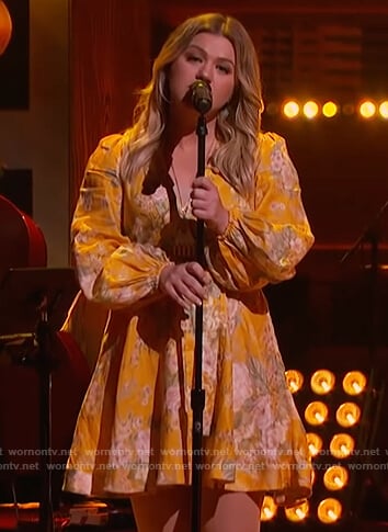 Kelly's yellow floral print wrap dress on The Kelly Clarkson Show