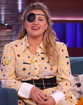 Kelly's yellow printed shirtdress on The Kelly Clarkson Show