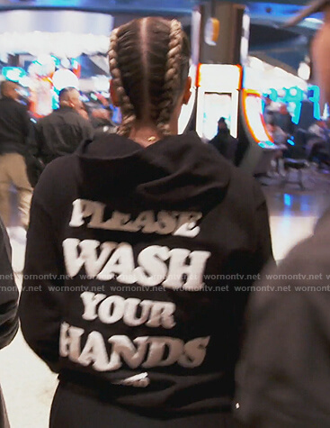 Khloe's black Wash Your Hands hoodie on Keeping Up with the Kardashians