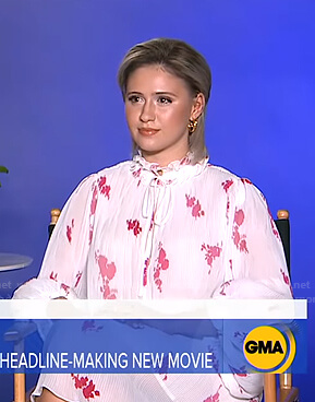Maria Bakalova's white floral pleated dress on Good Morning America