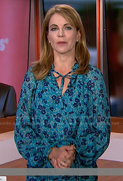 Natalie Morales's blue floral print tie neck dress on Today