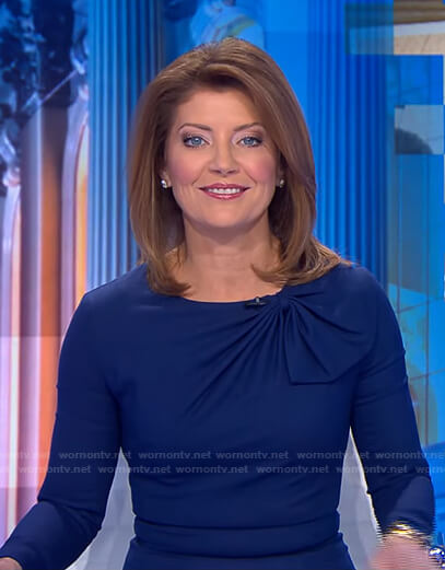 Norah's blue gathered neck dress on CBS Evening News