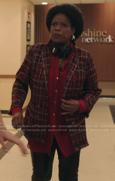 Norah's red tweed blazer on Filthy Rich