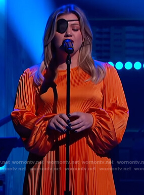 Kelly's orange pleated satin dress on The Kelly Clarkson Show