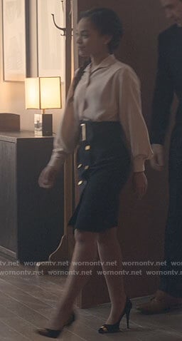 Rebecca's button detail skirt on The Haunting of Bly Manor