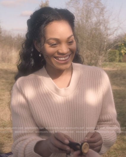 Rebecca's white ribbed sweater on The Haunting of Bly Manor