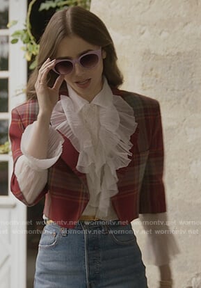 Emily's red plaid cropped blazer on Emily in Paris