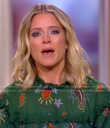 Sara's green printed ruffle trim blouse on The View
