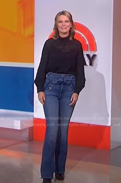 Savannah's black mock neck blouse and tie waist jeans on Today